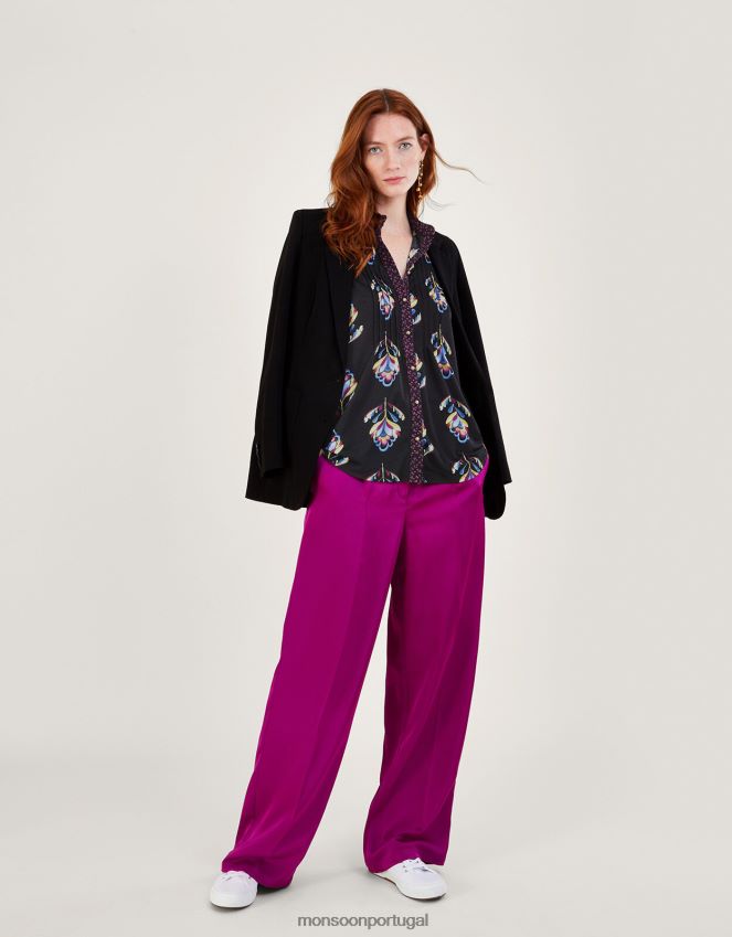 roupas camisa jersey com estampa floral contrastante e poliéster reciclado Monsoon mulheres preto RPLH8F605