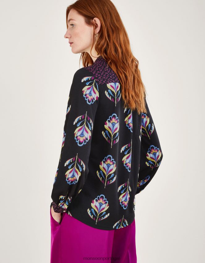 roupas camisa jersey com estampa floral contrastante e poliéster reciclado Monsoon mulheres preto RPLH8F605