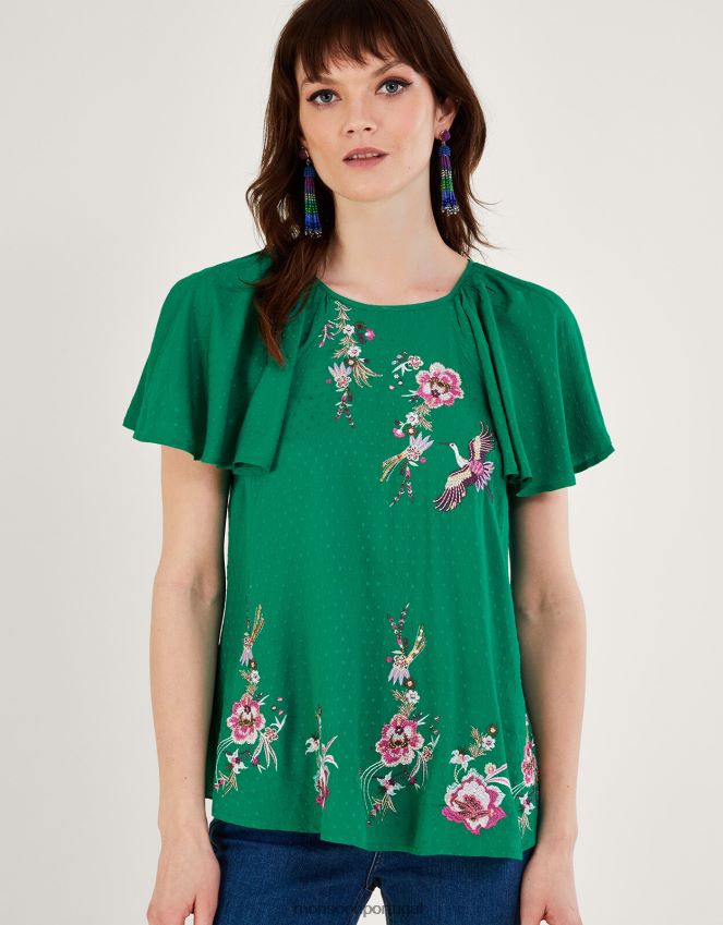 roupas camiseta Jenny com manga esvoaçante embelezada Monsoon mulheres verde RPLH8F986