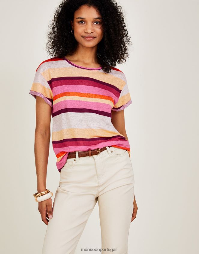 roupas camiseta listrada de linho com gola redonda Monsoon mulheres multi RPLH8F983