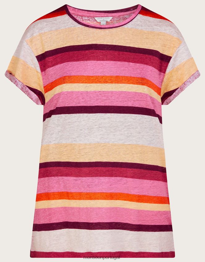 roupas camiseta listrada de linho com gola redonda Monsoon mulheres multi RPLH8F983
