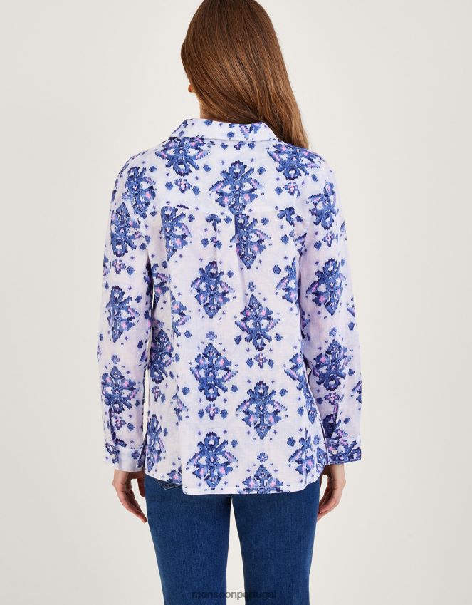 roupas laurie ikat botão através da camisa de linho Monsoon mulheres azul RPLH8F845