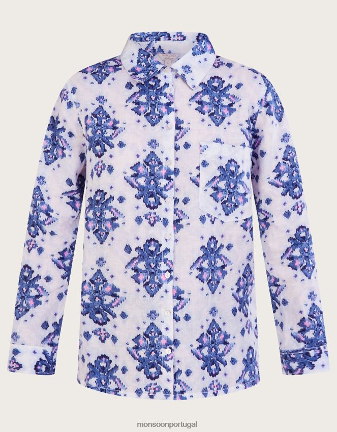 roupas laurie ikat botão através da camisa de linho Monsoon mulheres azul RPLH8F845