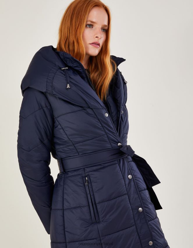 roupas Sorena Casaco midi acolchoado com cinto em poliéster reciclado Monsoon mulheres azul-marinho) RPLH8F628