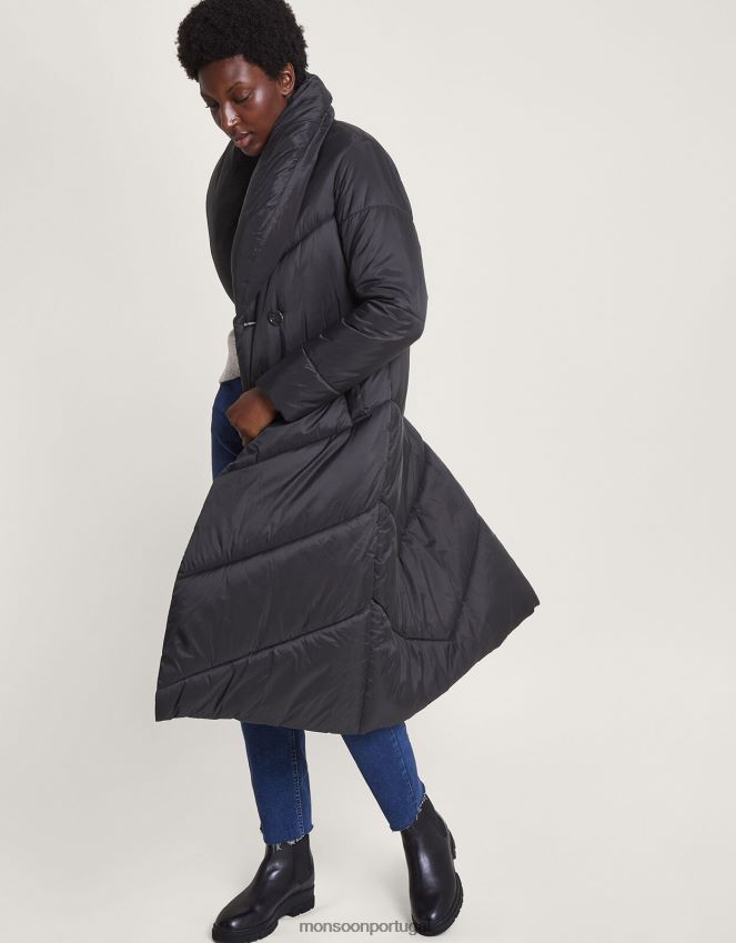 roupas maxi casaco acolchoado clara longline em poliéster reciclado Monsoon mulheres preto RPLH8F395