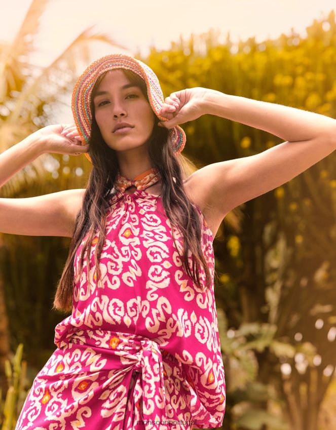 roupas Top cami com estampa bandhani e anel halter em Lenzing Ecovero Monsoon mulheres rosa RPLH8F278