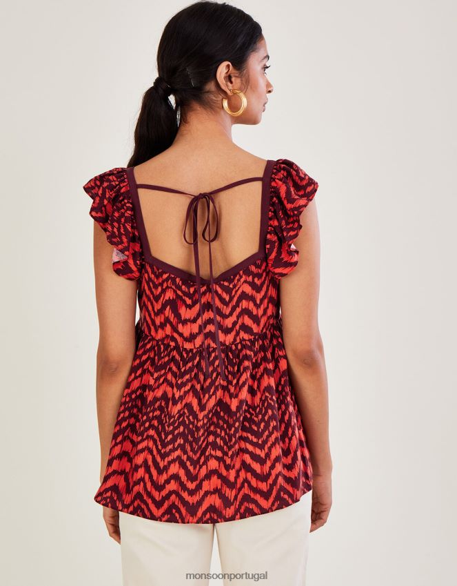 roupas Top com estampa animal em zigue-zague e corpete franzido Monsoon mulheres vermelho RPLH8F630