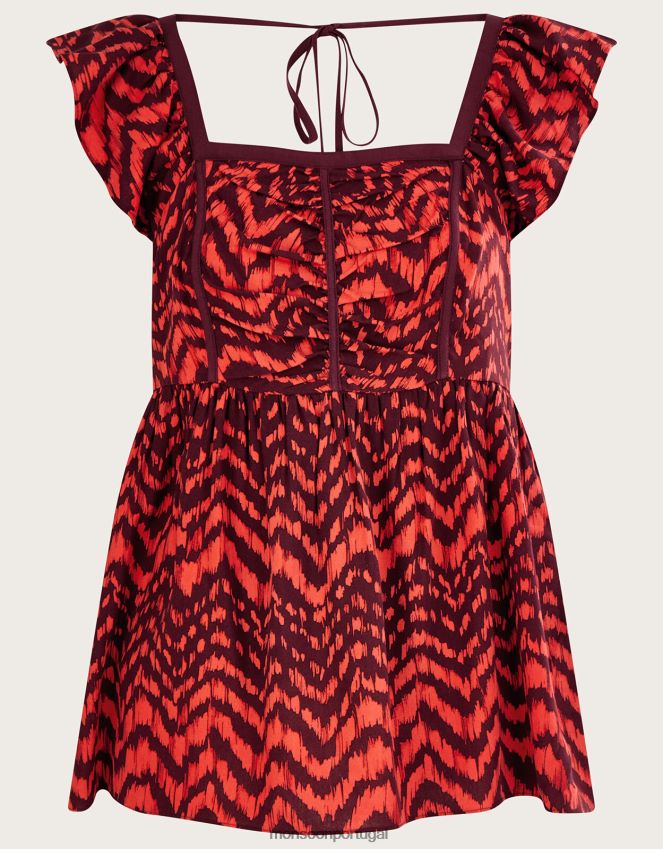 roupas Top com estampa animal em zigue-zague e corpete franzido Monsoon mulheres vermelho RPLH8F630