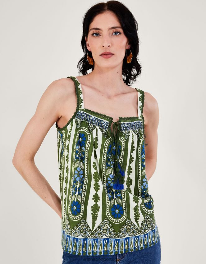 roupas blusa cami com acabamento em renda e estampa tradicional Monsoon mulheres verde (cáqui) RPLH8F305