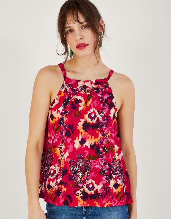 roupas blusa cami com estampa floral bordada em lenzing ecovero Monsoon mulheres vermelho RPLH8F218