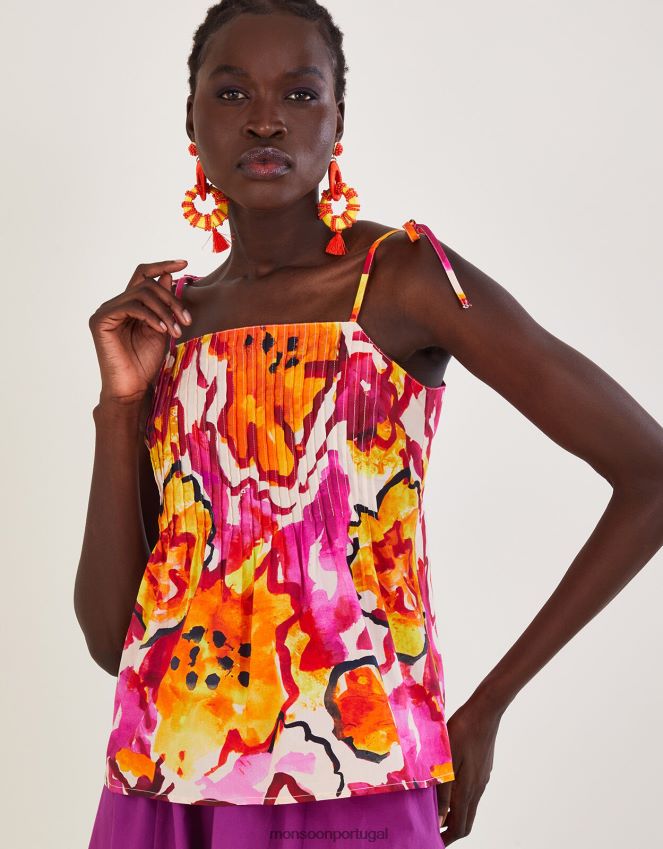 roupas blusa cami com estampa plissada chantal Monsoon mulheres laranja RPLH8F758