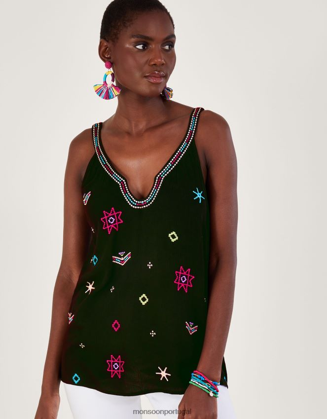 roupas blusa cami com motivo bordado em Lenzing ecovero Monsoon mulheres preto RPLH8F670