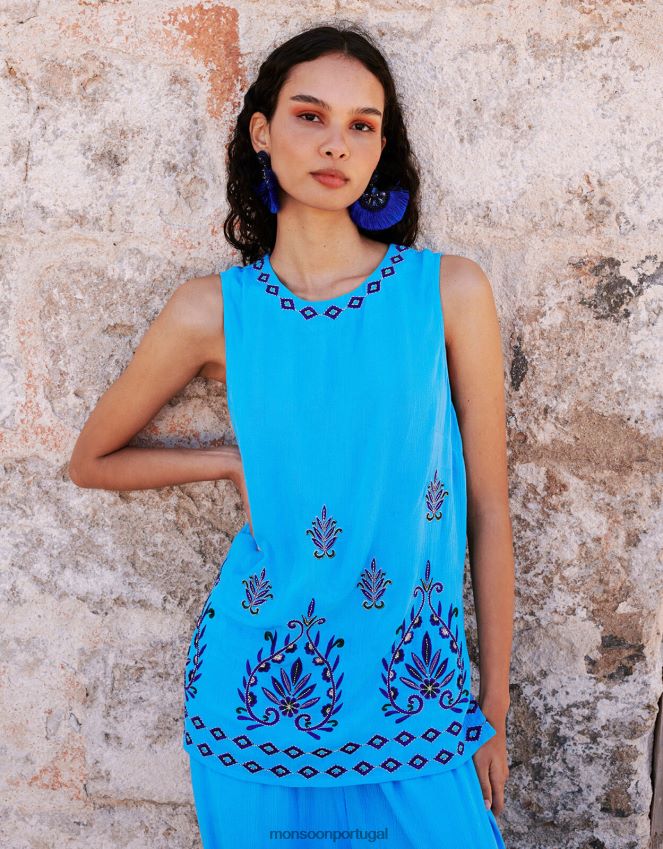 roupas regata sem mangas bordada em Lenzing ecovero Monsoon mulheres azul RPLH8F693