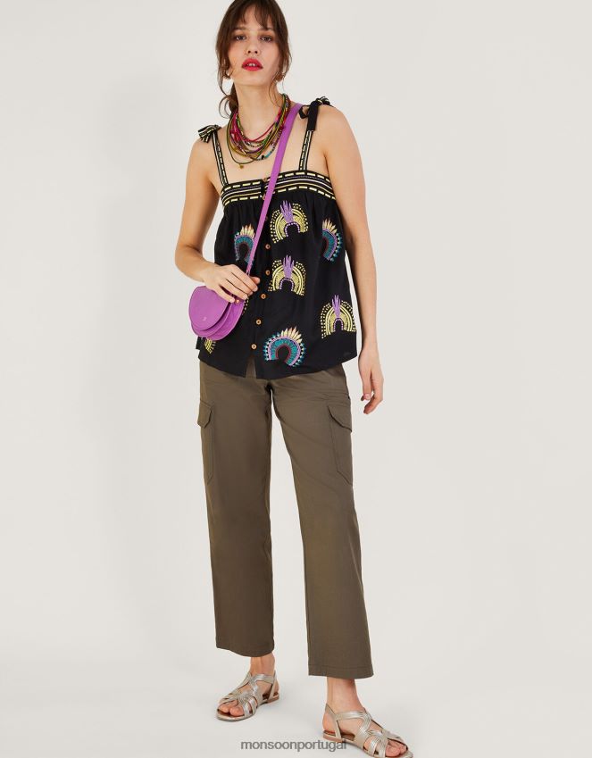 roupas top bordado sem mangas Monsoon mulheres preto RPLH8F634
