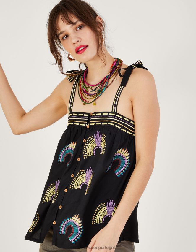 roupas top bordado sem mangas Monsoon mulheres preto RPLH8F634