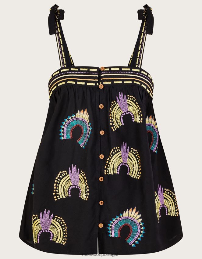 roupas top bordado sem mangas Monsoon mulheres preto RPLH8F634
