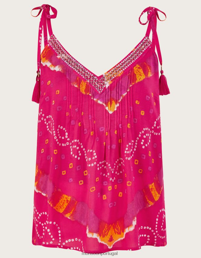 roupas top cami bandhani corante Monsoon mulheres rosa RPLH8F465