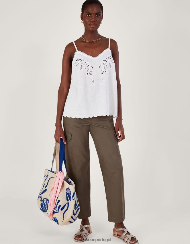 roupas top cami bordado cutwork em mistura de linho Monsoon mulheres marfim RPLH8F963