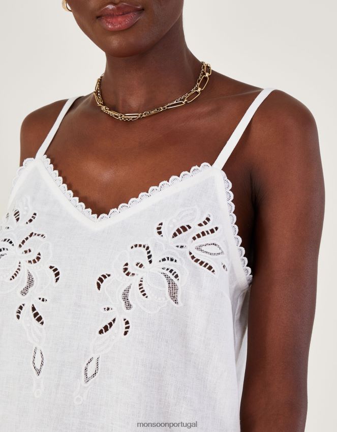 roupas top cami bordado cutwork em mistura de linho Monsoon mulheres marfim RPLH8F963