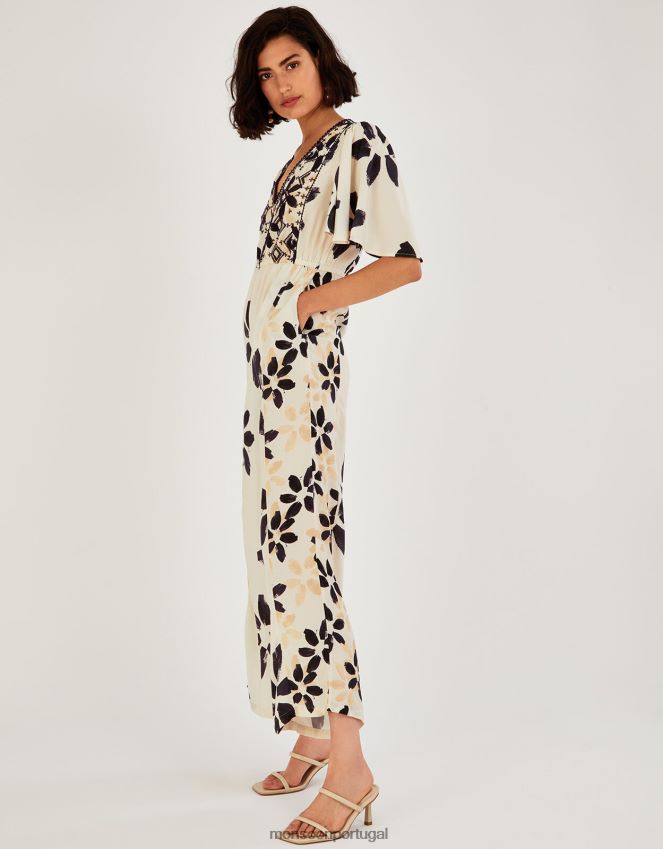 roupas macacão bordado com estampa floral abstrata Monsoon mulheres marfim RPLH8F726