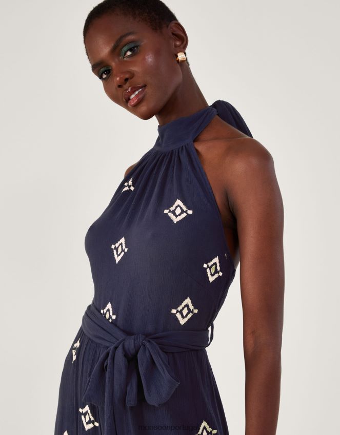 roupas macacão com decote frente única com motivo bordado Monsoon mulheres azul RPLH8F259