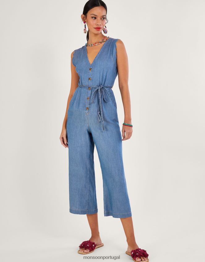 roupas macacão jeans com cinto de amarrar Monsoon mulheres azul (azul jeans) RPLH8F96