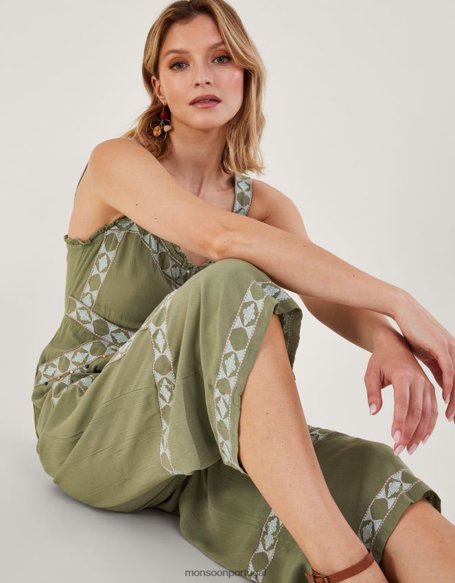 roupas macacão maxi asteca embelezado Monsoon mulheres verde (cáqui) RPLH8F773