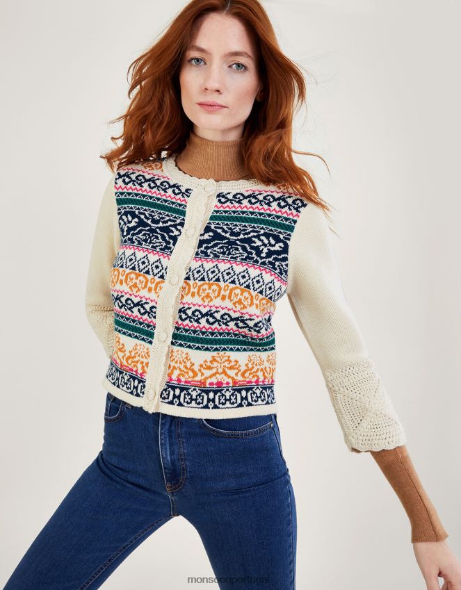 roupas Cardigan jacquard de crochê feito à mão em algodão sustentável Monsoon mulheres marfim RPLH8F669