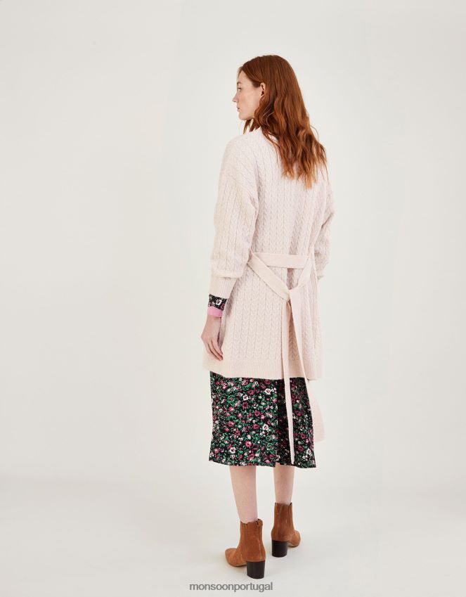 roupas cardigan de malha com palangre com cinto Monsoon mulheres marfim RPLH8F925