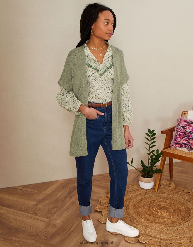 roupas cardigan midi com cinto de fita Monsoon mulheres verde (cáqui) RPLH8F642