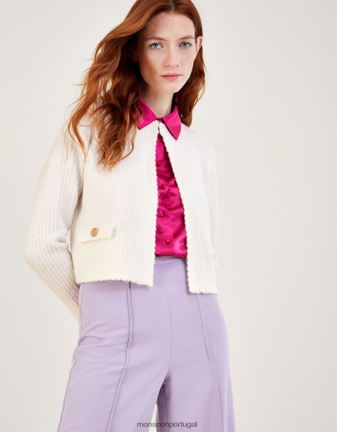 roupas jaqueta cropped em malha com poliéster reciclado Monsoon mulheres natural (cru) RPLH8F1047