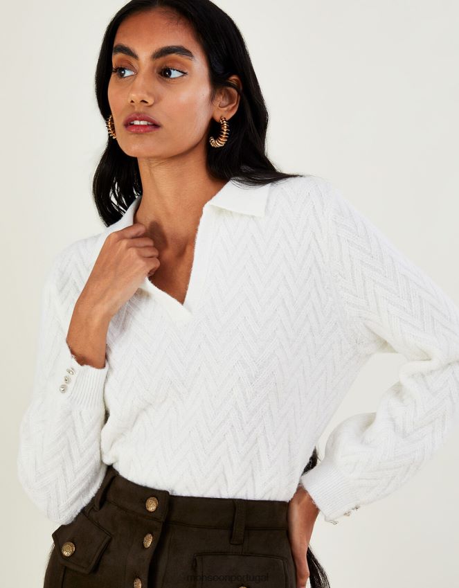 roupas jumper de malha com gola e poliéster reciclado Monsoon mulheres marfim RPLH8F1075