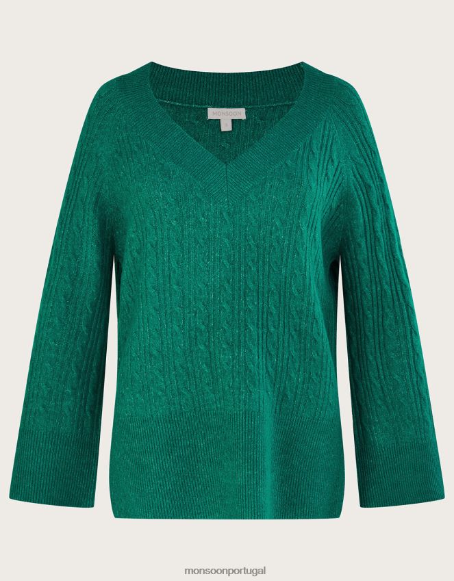 roupas jumper de palangre com decote em V e poliéster reciclado Monsoon mulheres verde RPLH8F817
