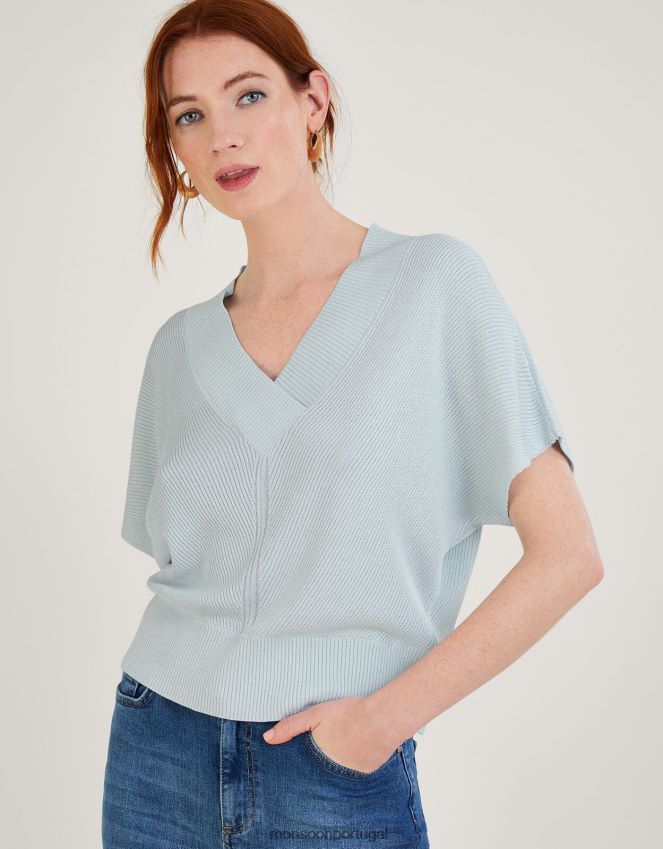 roupas jumper metálico solto de manga curta com decote em V Monsoon mulheres azul RPLH8F888