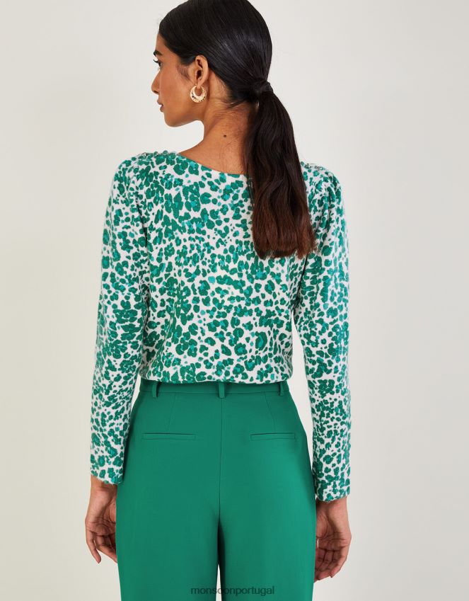 roupas suéter animal print com decote em V e poliéster reciclado Monsoon mulheres verde RPLH8F512