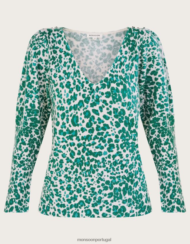 roupas suéter animal print com decote em V e poliéster reciclado Monsoon mulheres verde RPLH8F512