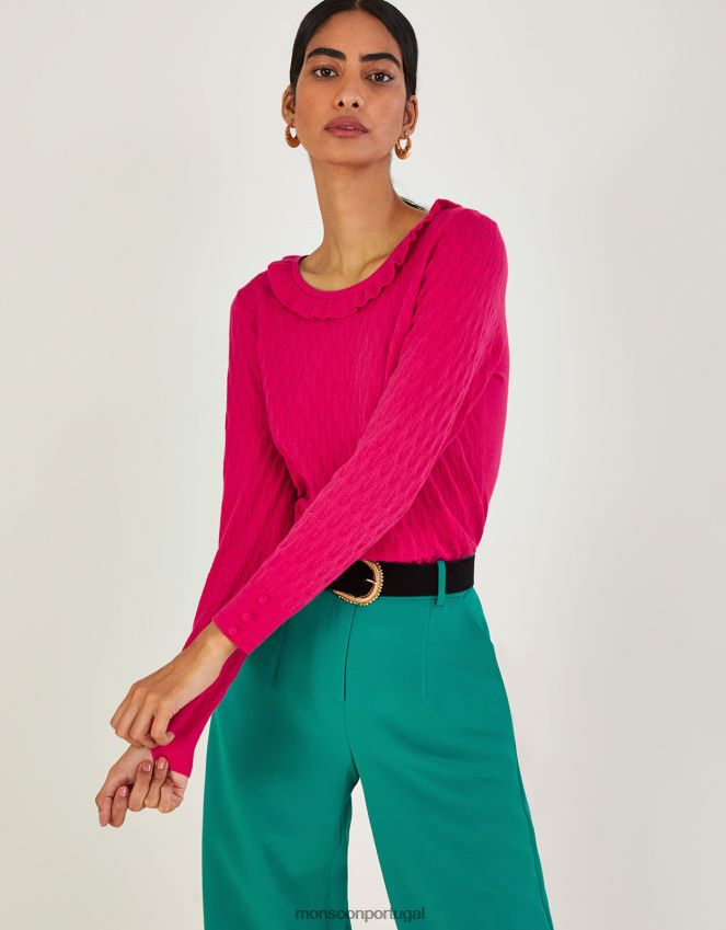 roupas suéter com babados e decote redondo com viscose sustentável Monsoon mulheres rosa RPLH8F405