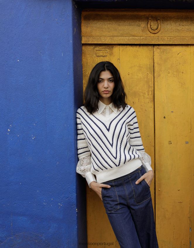 roupas suéter listrado com textura chevron em algodão sustentável Monsoon mulheres azul-marinho) RPLH8F1022