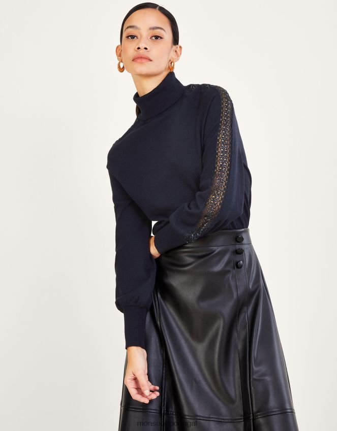 roupas suéter polo com inserção de renda e poliéster reciclado Monsoon mulheres azul-marinho) RPLH8F367