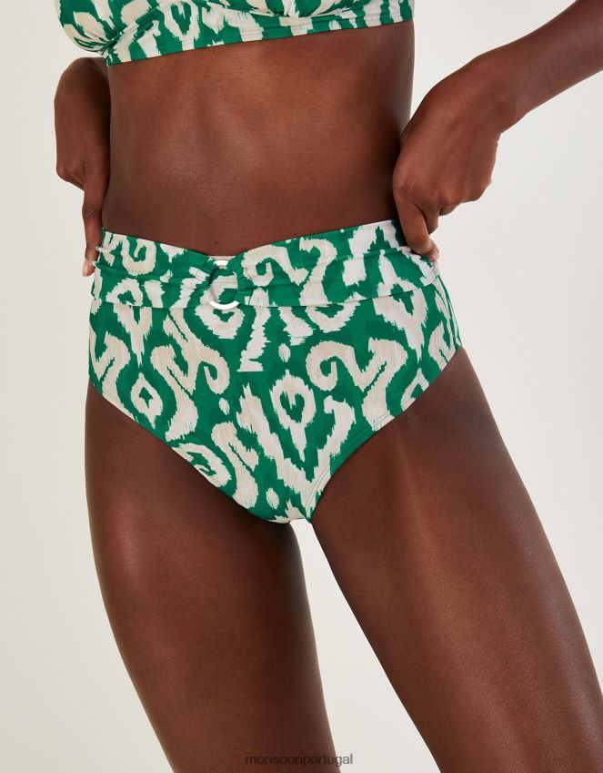 roupas Cueca de biquíni com estampa ikat de cintura alta e poliéster reciclado Monsoon mulheres verde RPLH8F443
