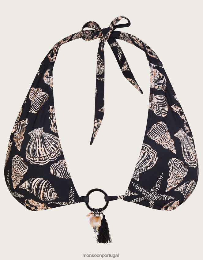 roupas Top de biquíni com estampa de folha de concha e poliéster reciclado Monsoon mulheres preto RPLH8F503