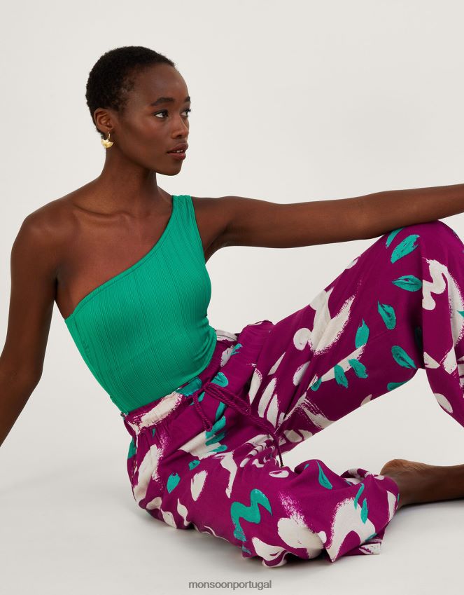 roupas calça larga com estampa abstrata pincelada Monsoon mulheres Rosa escuro RPLH8F805