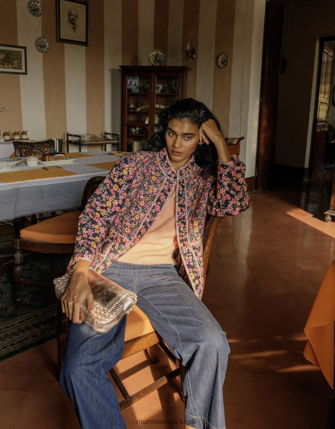 roupas Jaqueta acolchoada com estampa floral e ikat em Lenzing Ecovero Monsoon mulheres laranja RPLH8F2803