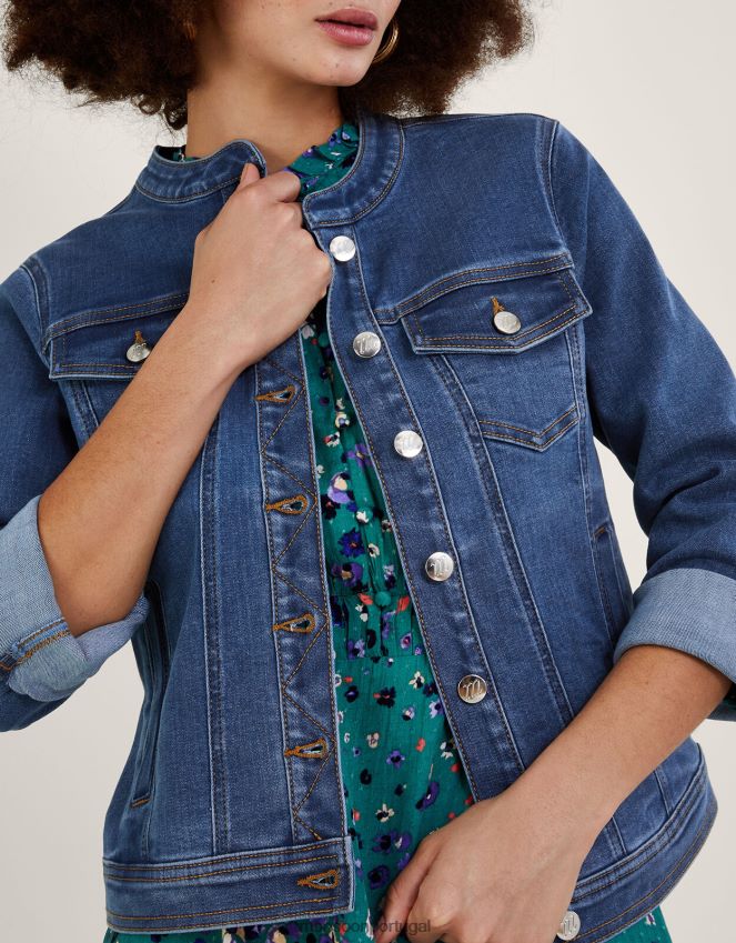 roupas jaqueta jeans cassey sem gola com algodão sustentável Monsoon mulheres azul (azul jeans) RPLH8F721