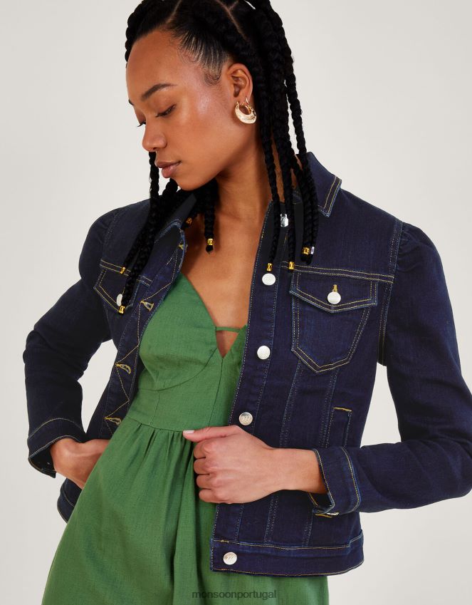 roupas jaqueta jeans dora manga bufante com algodão sustentável Monsoon mulheres azul (índigo) RPLH8F433