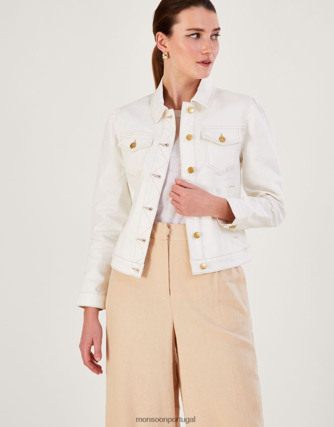 roupas jaqueta jeans manga bufante com algodão sustentável Monsoon mulheres natural (cru) RPLH8F781
