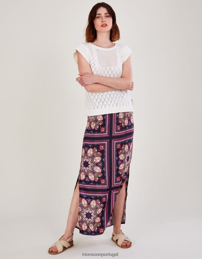 roupas Saia lateral com estampa de medalhão em Lenzing Ecovero Monsoon mulheres azul-marinho) RPLH8F2783