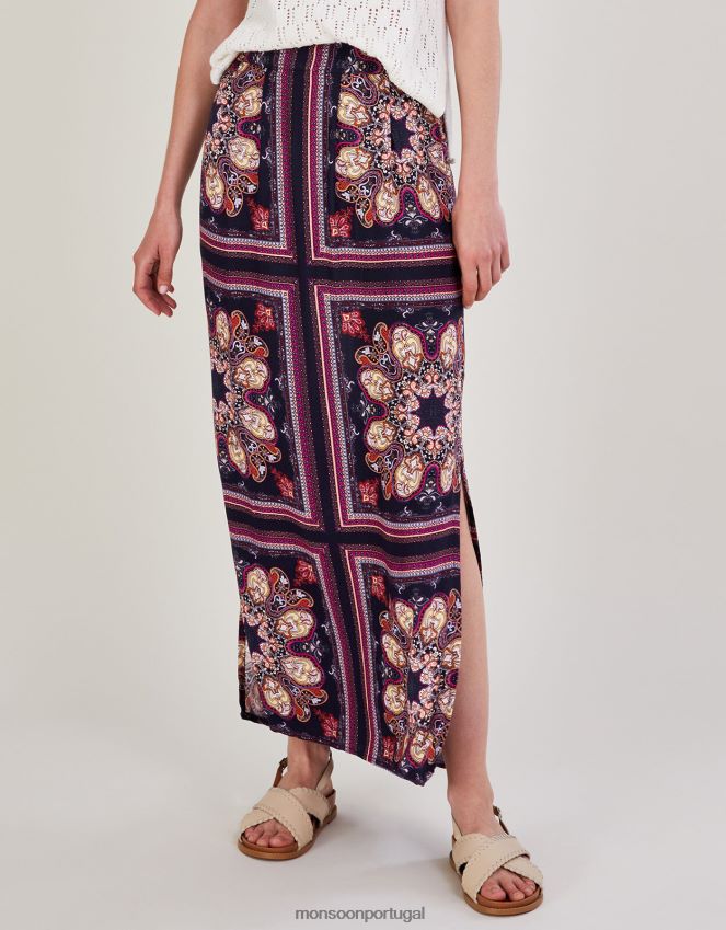 roupas Saia lateral com estampa de medalhão em Lenzing Ecovero Monsoon mulheres azul-marinho) RPLH8F2783