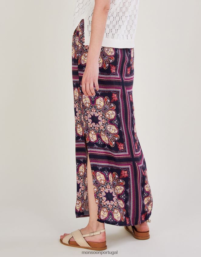roupas Saia lateral com estampa de medalhão em Lenzing Ecovero Monsoon mulheres azul-marinho) RPLH8F2783