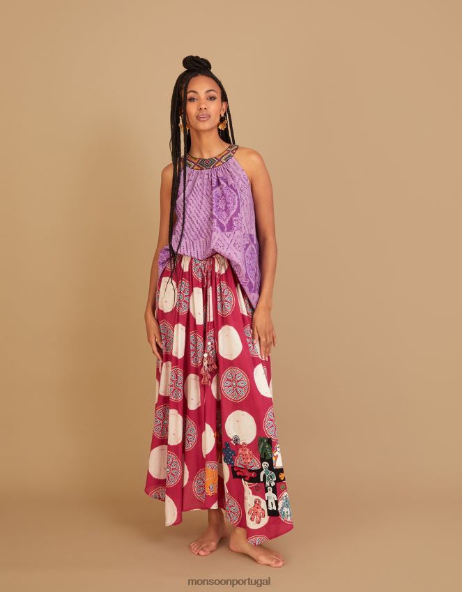 roupas saia com bainha de lenço bordado sunana batik Monsoon mulheres rosa RPLH8F581